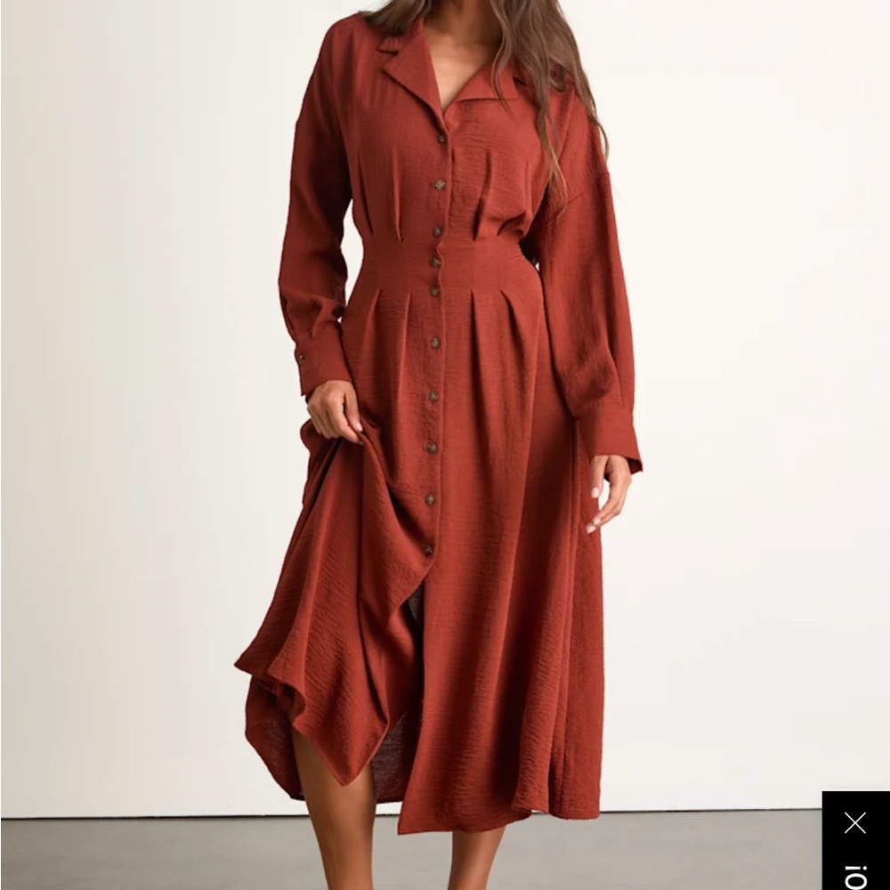 Lulus Timeless Class Rust Collared Button-Up Pleated Midi Dress